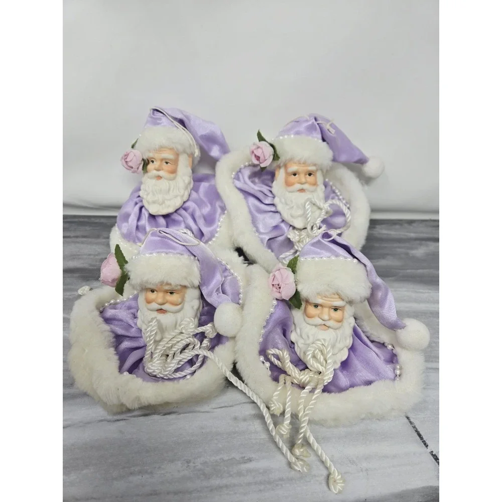 Vintage Santa Head Ornament Or Shelf Sitter White  Purple w Porcelain Face Lot 6